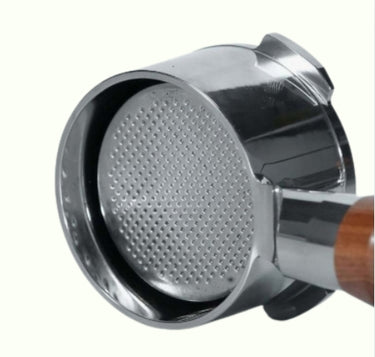 51mm Bottomless Portafilter with Redwood Handle for Espresso Machines close up of stainless steel head